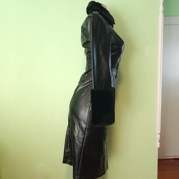 Vintage Lip Service Vice Faux Fur Keyhole Military Black And Green Trench Coat - Picture 6 of 8